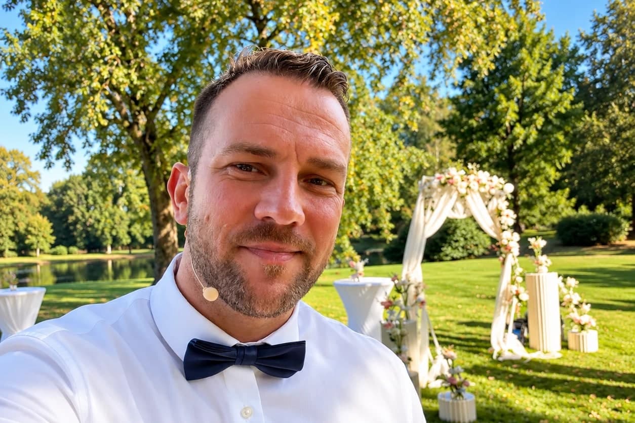 Timo vor dem Traubogen einer freien Trauung im Grünen
